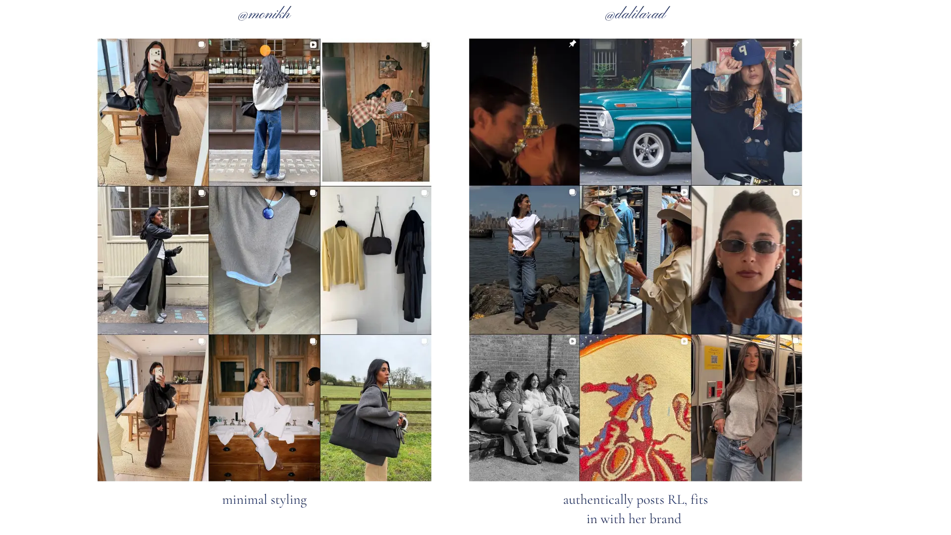 Micro influencer feeds, @monikh and @dalilarad