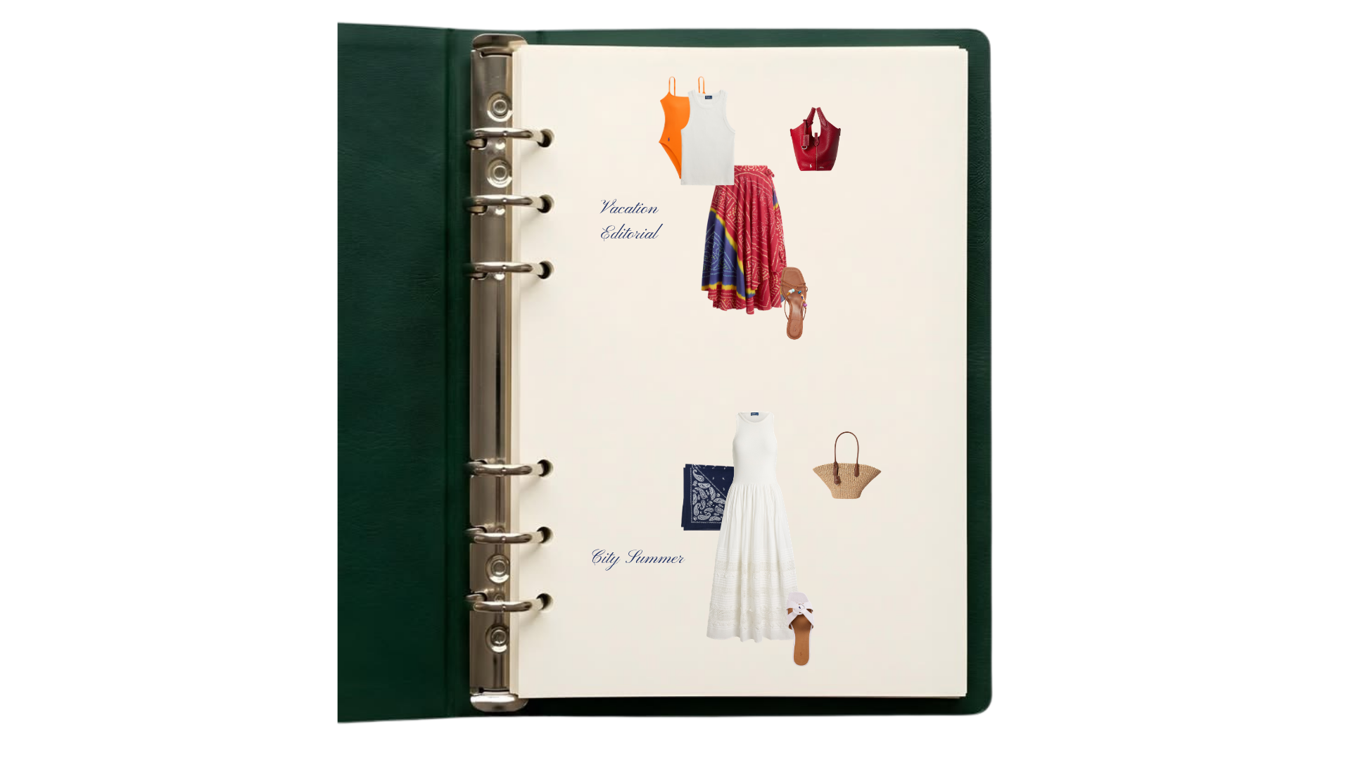 Stylist binder page, vacation editorial and city summer