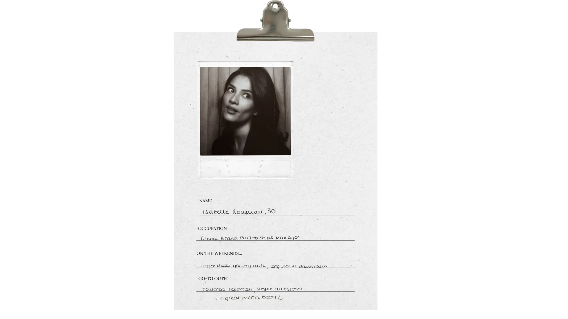 Customer profile clipboard with polaroid portrait