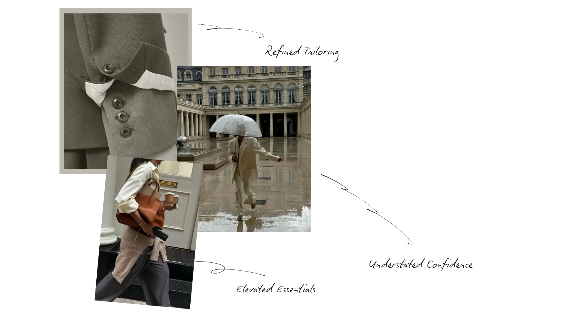 Product direction collage, refined tailoring and elevated essentials